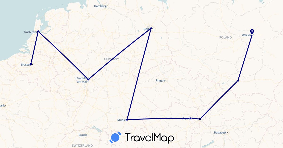 TravelMap itinerary: driving in Austria, Belgium, Germany, Netherlands, Poland, Slovakia (Europe)